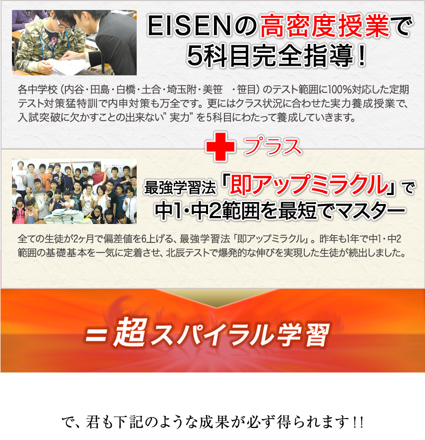 EISENの高密度授業で5科目完全指導!最強学習法「即アップミラクル」で中1・中2範囲を最短でマスター